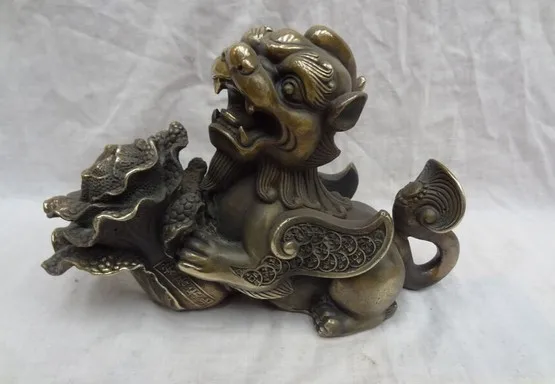 YM 318 10" Chinese Bronze FengShui Cabbage Coin RuYi PiXiu Lion Unicorn Kylin Statue