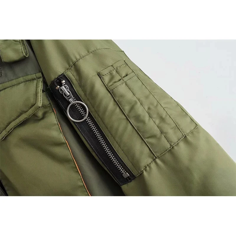 Nlzgmsj Za Women Military Green Moto Biker Bomber Pilot Jacket Cropped Top Long Sleeve Female Oversized Coat Outerwear Chaquetas