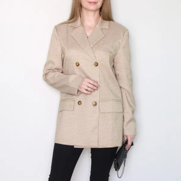 Heydress классический плед двубортный женский пиджак блейзер с надрезом воротник женские костюмы пальто мода Хаундстут - Цвет: KHAKI