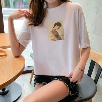 

Short Sleeve T-shirt Women's 2020 New Style Loose-Fit Pure Cotton Half Sleeve Summer Thin White Simple Tops 7759
