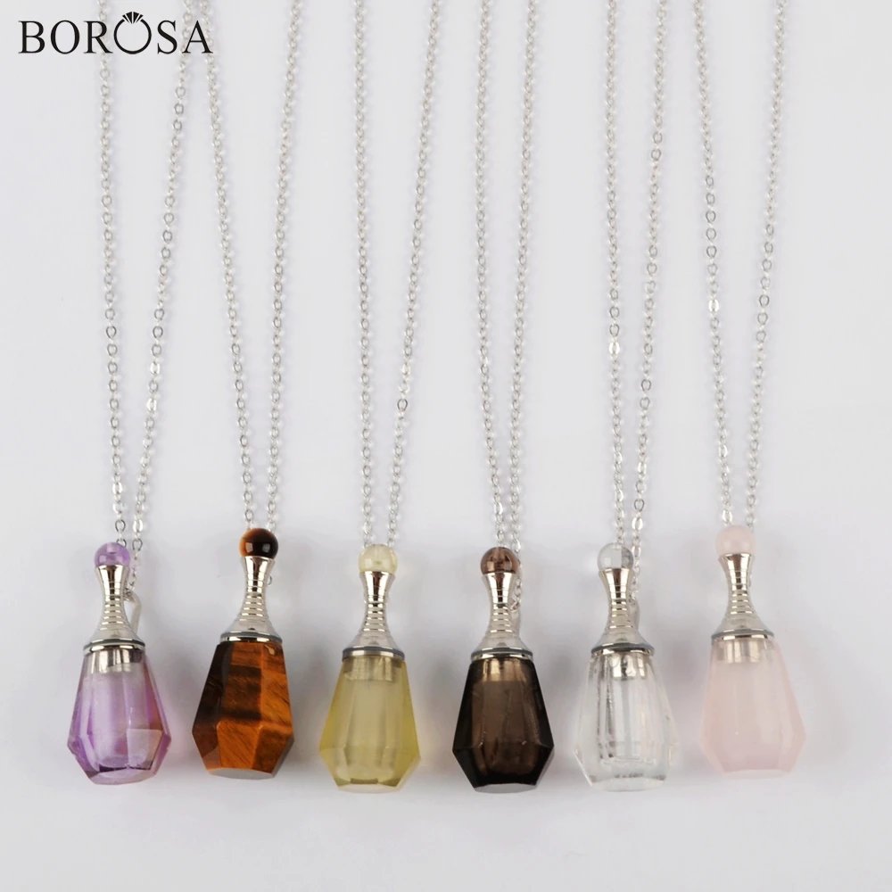 BOROSA, 3 шт., 26 дюймов, серебряный флакон духов, натуральные камни, камень, кулон, ожерелье, аметисты, кварц, эфирное масло, диффузор, WX1224-N