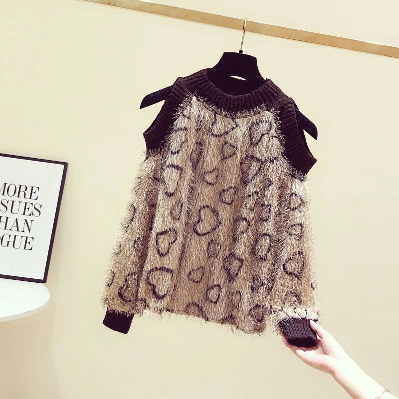 Autumn Winter Sex Off Shoulder Sweater Women Loose Knitted Shirt Korean Exposed Shoulder Fashion Leopard Tassel Jumper Sweaters