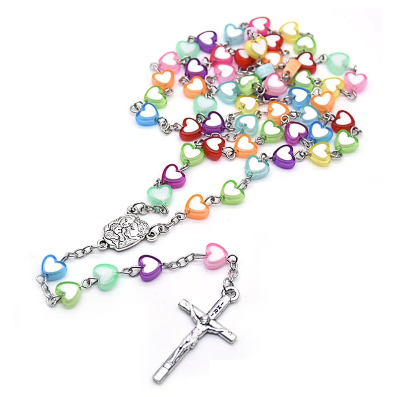 

New Fashion Trend Colorful Plastic Heart Shaped Beads Rosary Necklace Fine Party Anniversary Jewelry Accessories Unisex Gifts