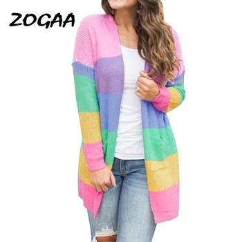 

ZOGAA Autumn Sweater Women Long Sleeve Patchwork Knitted Open Front Rainbow Striped Cardigan Women Coat sueter mujer invierno
