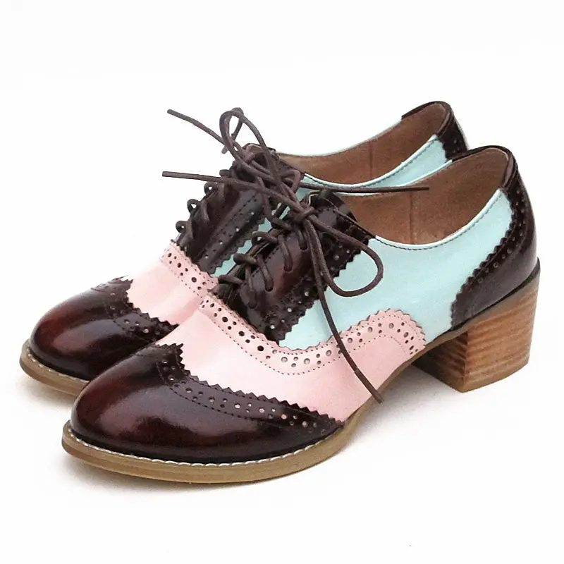 pink brown Винтажные разноцветные туфли в британском стиле; Лидер продаж; женская обувь из натуральной кожи на толстом каблуке; женские оксфорды - Цвет: pink brown