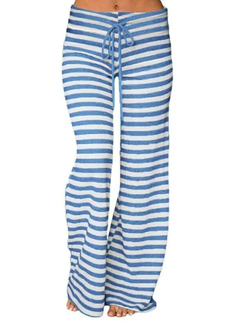 Print Sleep Bottom Women Cotton Long Pant Home Pajamas Soft Slip Summer Pants Drawstring Big Size Sexy Stripe Casual Big Size Blue Stripe