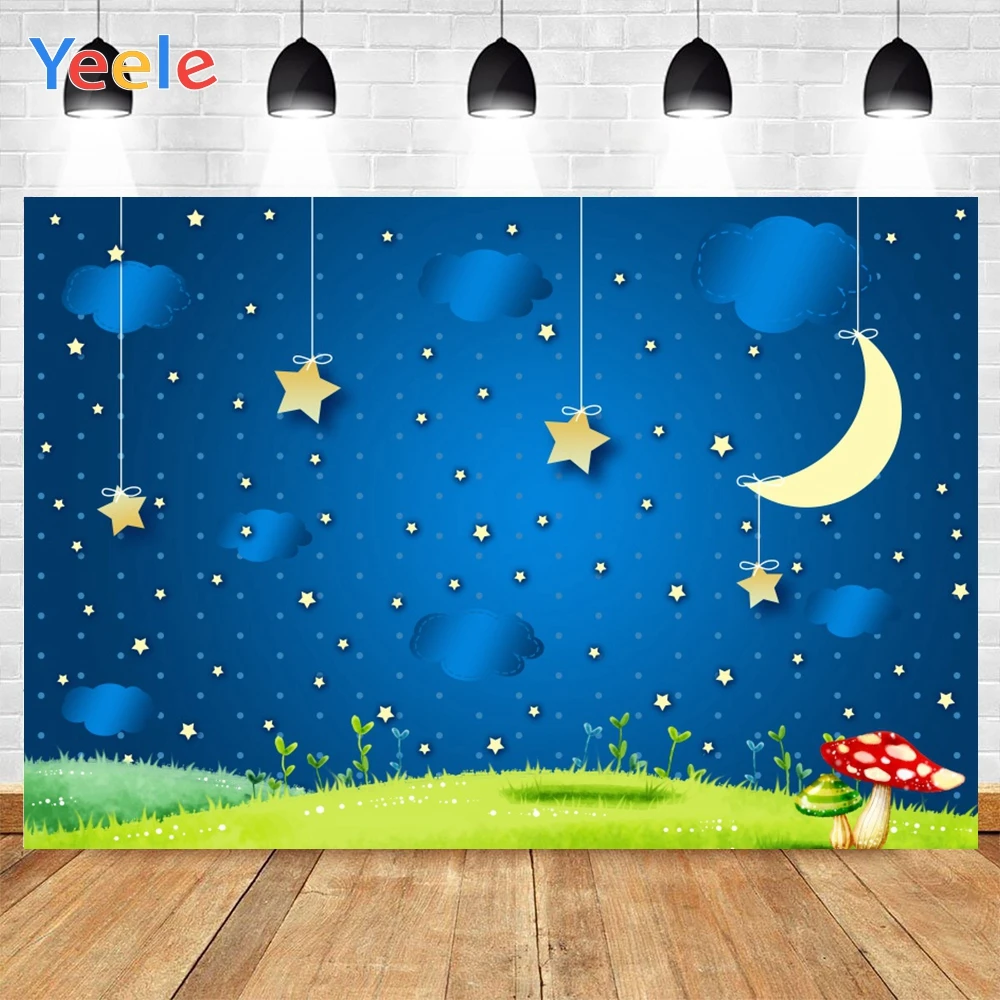 

Yeele Baby Room Blue Sky Golden Stars Moon Mushrooms Background Photophone Photo Studio Photography for Decor Customized Size