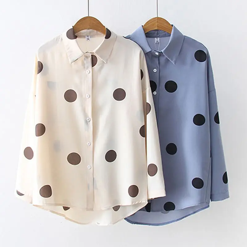 

Women Polka Dots Long Sleeve Blouse Fashion Ladies Tops Turn-down Collar Student Chiffon Shirt NS