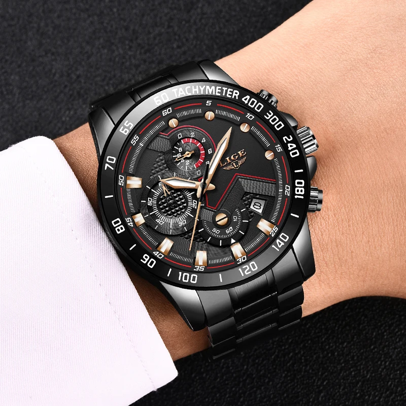Relogio Masculino Lige Chronograph Mens Watches Stainless Steel Waterproof Date Quartz Watch Men-5