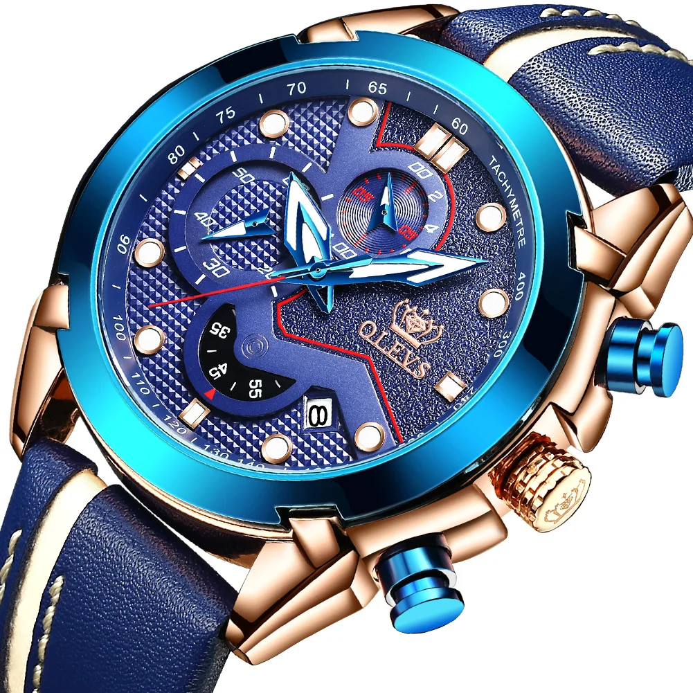Blue-Rose Gold Бренд OLEVS Мужские кварцевые Военные Спортивные Аналоговые Кварцевые водонепроницаемые часы Авто Дата кожаный Хронограф часы+ коробка - Цвет: Blue-Rose Gold