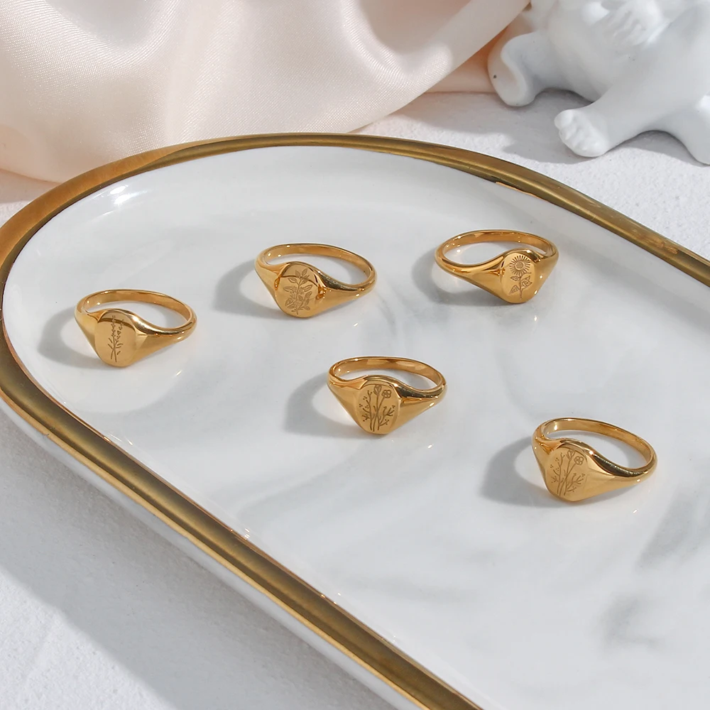 

Romantic Wedding Jewelry for Women Stainless Steel Flower Rings for Girls PVD Gold Plated Tea Leaf Lavender Signet Waterproof