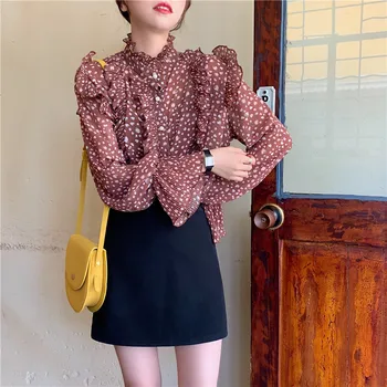 

COIGARSAM Chiffon Print Shirt Womens tops Lantern Sleeve Women shirts Black Caramel Color 7312