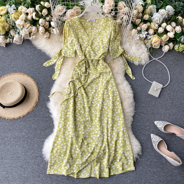 SINGRAIN New Summer Print Floral Dress Women V Neck Chiffon Bohemian Dresses Beach Irregular Female Wrap Midi Long Dress 2020 3