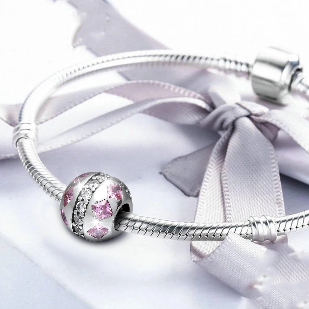 DIY подходит для браслетов Pandora Charms Orbit с розовыми и прозрачными фианитами 925 пробы-серебро-ювелирные изделия