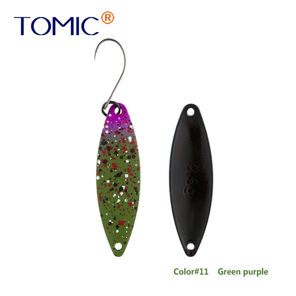 green purple Tomic 1 шт. 1,6 г 2,7 г 3,5 г микро узкие латунные металлические ложки УФ сверкающие цвета окунь форель области один крючок рыболовные приманки Pesca - Цвет: green purple