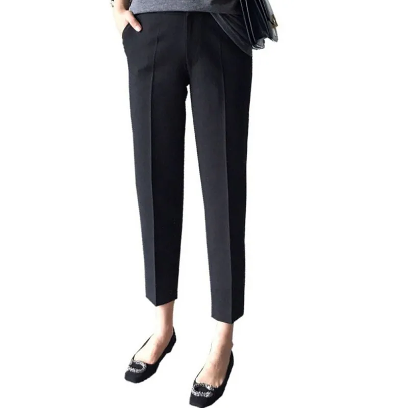 Повседневные женские брюки OL длиной до щиколотки, женские эластичные прямые брюки с высокой талией, женские брюки NS - Цвет: Черный