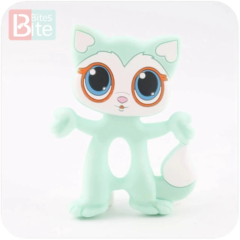 mint cat Укусы 1 шт. Детские трофеи силиконовые большеглазая кошка BPA бесплатно Прорезыватель аксессуары еда класса Ежик цепочка для прорезывания зубов подвески - Цвет: mint cat