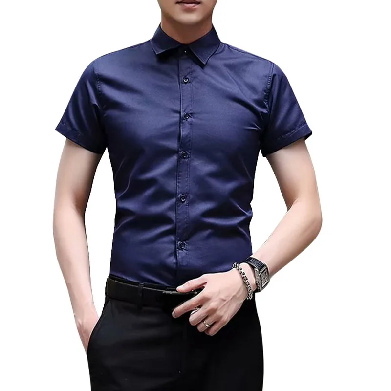 deep blue short Laamei, весенние мужские рубашки с длинным рукавом и отложным воротником, корейский стиль, приталенная однотонная деловая рубашка, топы, мужские белые рубашки на пуговицах - Цвет: deep blue short