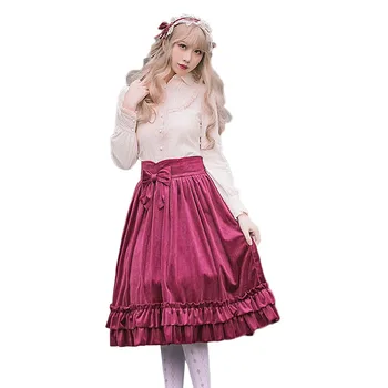 

Cute A Line Velvet Skirt Knee Length Women Winter Warm Corduroy Pleated Skirt Lolita Elastic Waist Band Ruched Layer For Girls