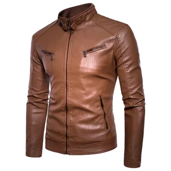 

Men Autumn New Motorcycle Causal Vintage Leather Jacket Coat Men Outfit Fashion Biker Zipper Pocket Design PU Leather Jacket Men