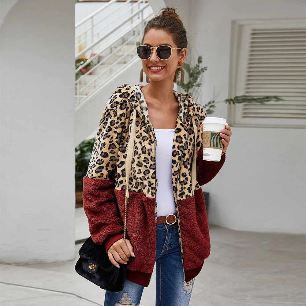 

Women Autumn Winter Hooded Sweatshirts Hoodies Casual Zipper Long Sleeve Tops Leopard Warm Plush Coat Outwear Polerones Mujer