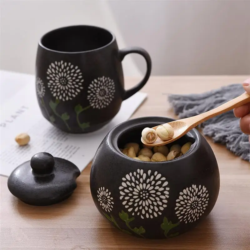 450ML Dressing Jar Ceramic Seasoning Can Sugar Salt Storage Pot with Spoon for Home Restaurant Store