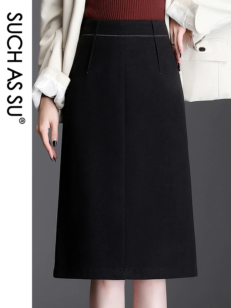

SUCH AS SU Skirts Womens 2020 Autumn Winter Wool Black Mid-Calf High Waist Sexy Split Hip Plus Size Female Pencil Skirt 97118