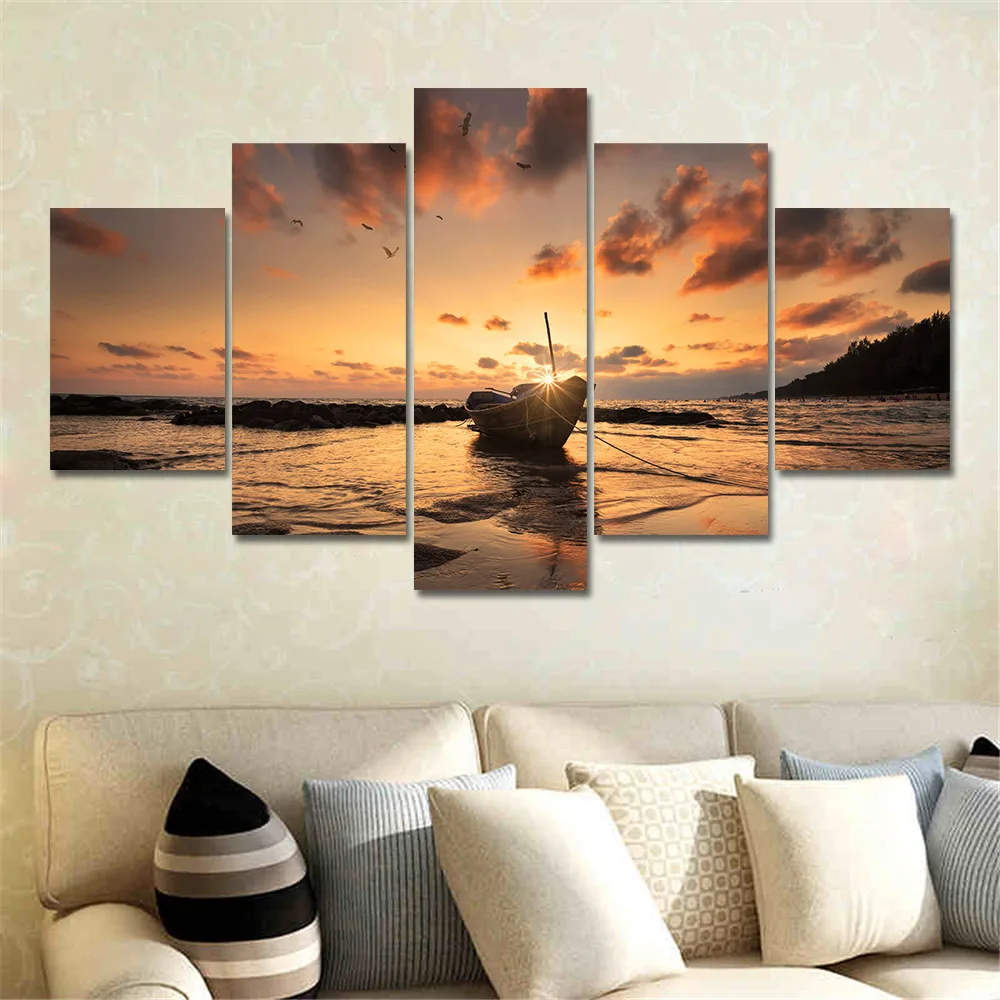 

No Framed Canvas 5Pcs Modern Style Boat Sunset Sea View Wall Art Posters Pictures Home Decor Paintings Decorations