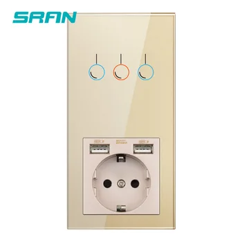 

SRAN sensor switch,socket with usb, Vertical installation Gold crystal glass panel 172*86,socket with light switch 1/2/3gang
