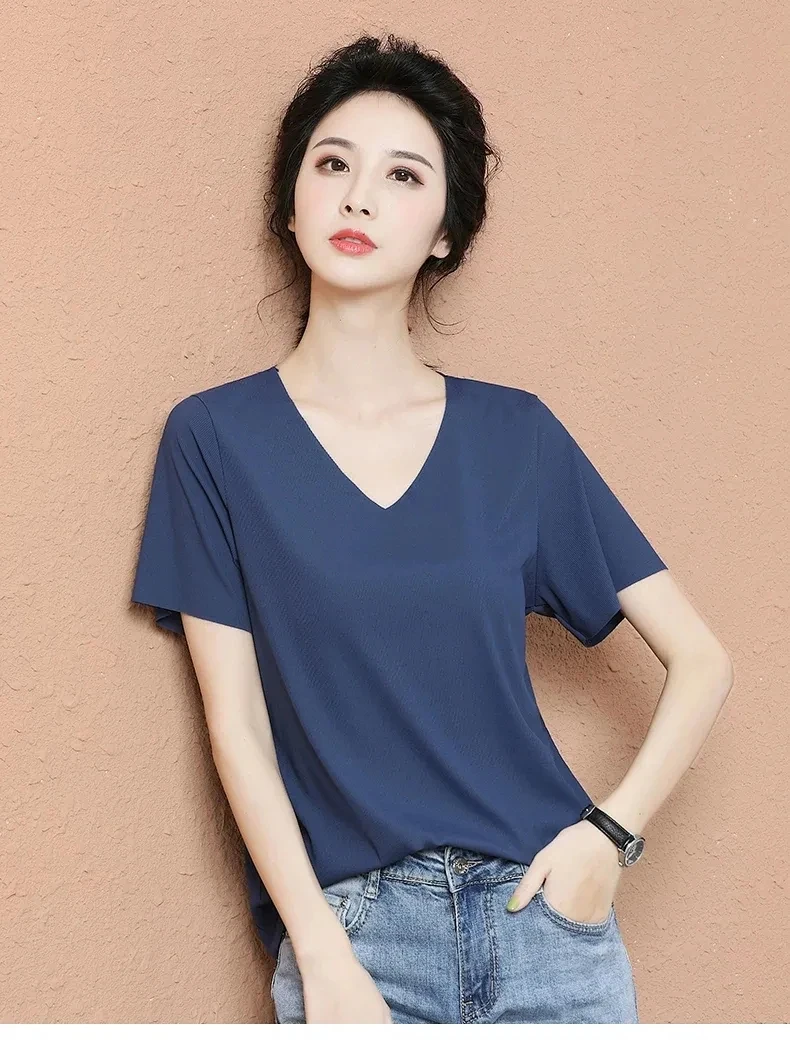Summer Women Casual T Shirt Female V-Neck Womans Solid T-shirt Short Sleeve Korean Lady No Trace Ice Tshirt Harajuku Top Tee