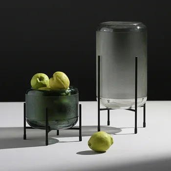 

Nordic Density Pattern Glass Flower Vase Metal Shelf Fruit Basket Desk Home Decoration Modern Art Vase Living Room Wedding Gift