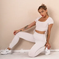 Women Solid 2 Two Piece Clothes Seamless Workout Gym Clothing Fitness Elastic Short Sleeve Crop Top Sport Leggings Activewear