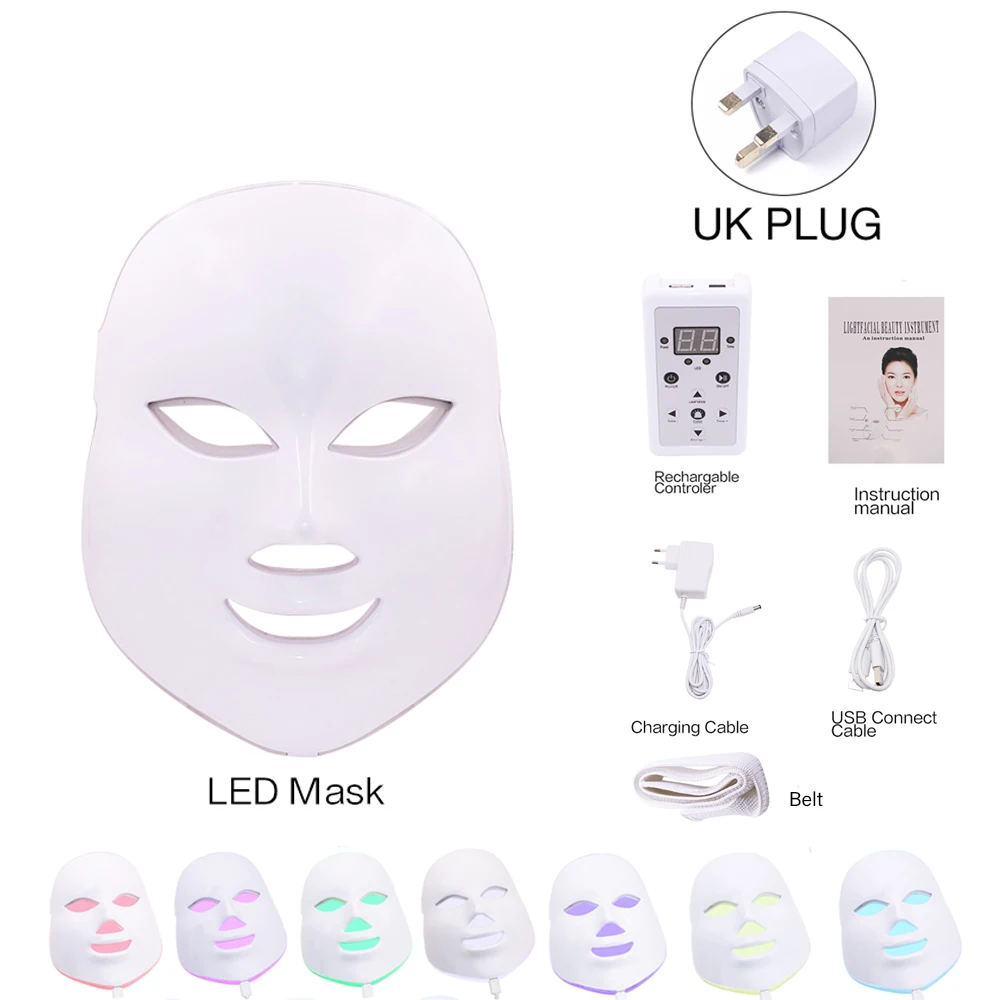 UK Plug no Box 7 цветов Светодиодная фотонная терапия маска для лица с шеей отбеливающая омоложение кожи против морщин, акне косметический аппарат спа для лица - Цвет: UK Plug no Box
