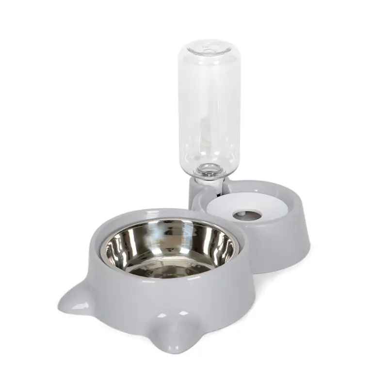 Puppy Cat Dog Eating Bowl with Water Bottle Water Dispenser Automatic Feeder Double Bowls Pet Food Container - Цвет: Серый