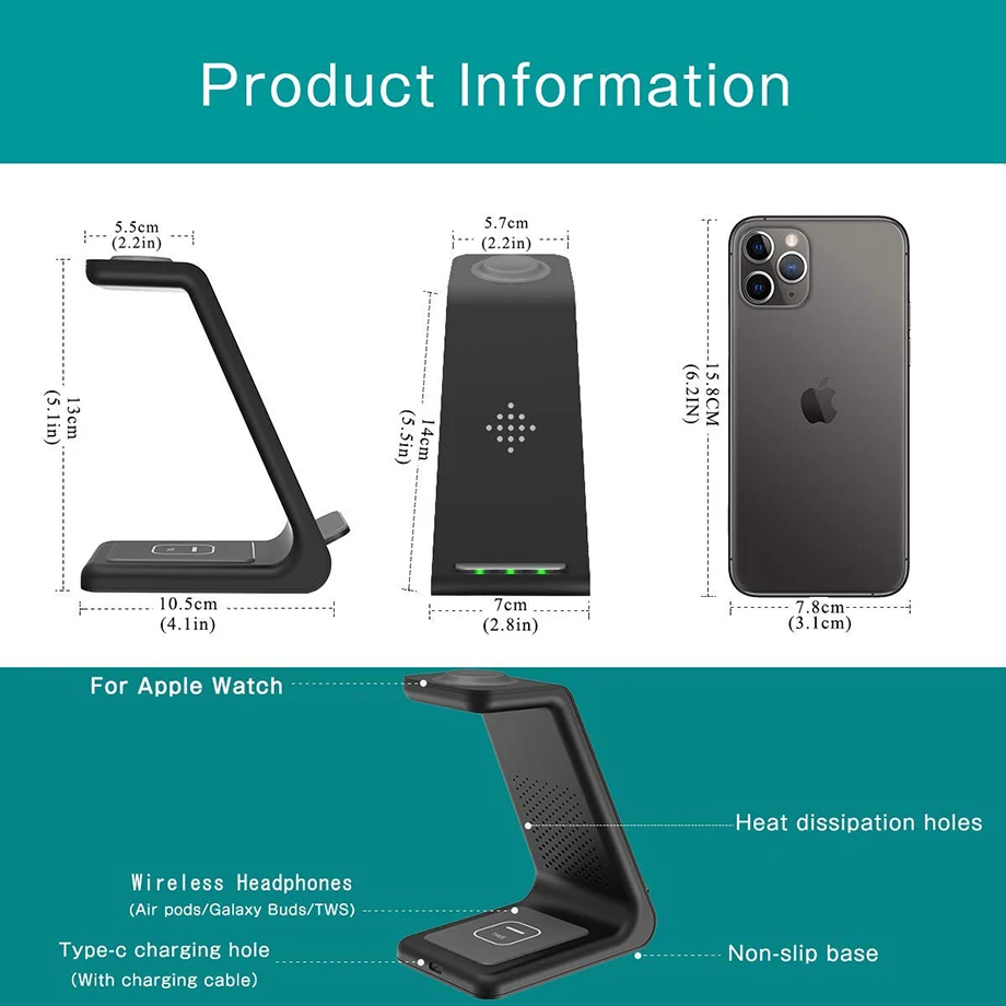 Bonola Qi 3 in1 Wireless Charger Stand for iPhone11XRXsAirPods3iWatch5 Fast Wireless Charging For SamsungS20S10WatchBuds (2)