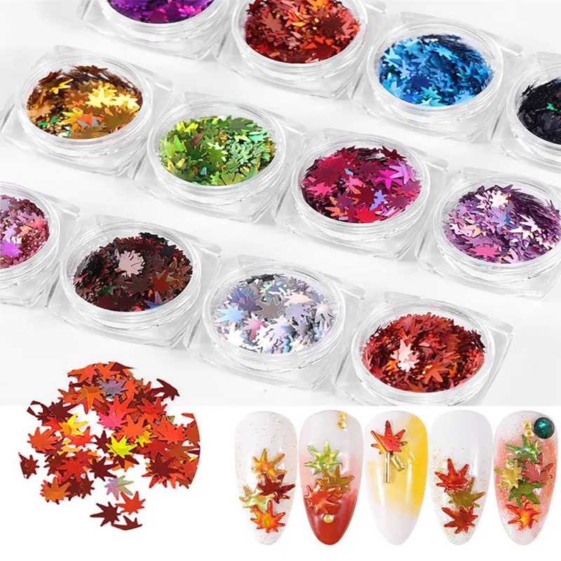 

12Boxes Mirror Maple Leaf Flake Nail Glitter Holographic Paillette Chameleon Sequins Gradient Autumn Polish Manicure Decoration