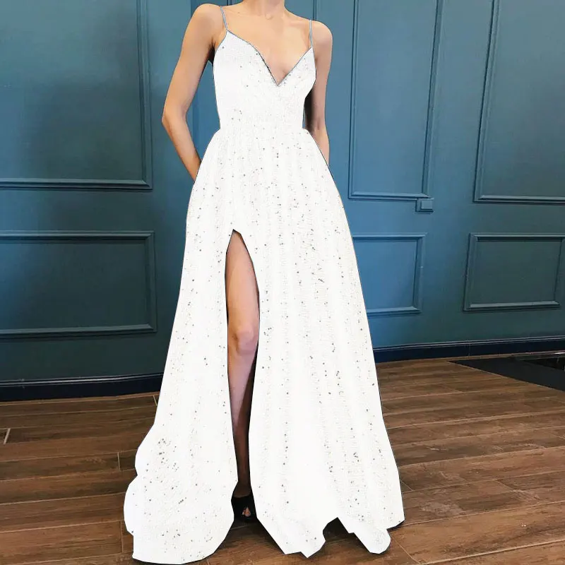 Black V-neck Prom Party Evening Dresses Vestido De Noiva Sereia Robe De Soiree Formal Sexy Side Slit Spaghetti Strap