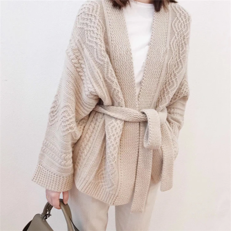 

2020 Women's Sweaters Autumn Winter Knitted Cardigans Sashes Lace Up Knitted Korean Style Oversized Tops Cardigan Women