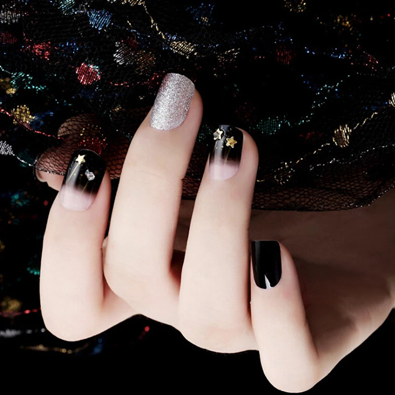 Hot 24pcs Oval Balck Silver Gradient Star Decorated False Nails Fashion Long Fake Nails Tips Art Tips For Fashion Girls