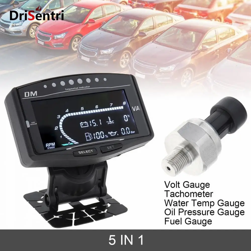 

Universal 5 In 1 LCD Electronic Oil Pressure +Volt Voltmeter +Water Temperature Gauge +Fuel Gauge +Tachometer for Car / Truck