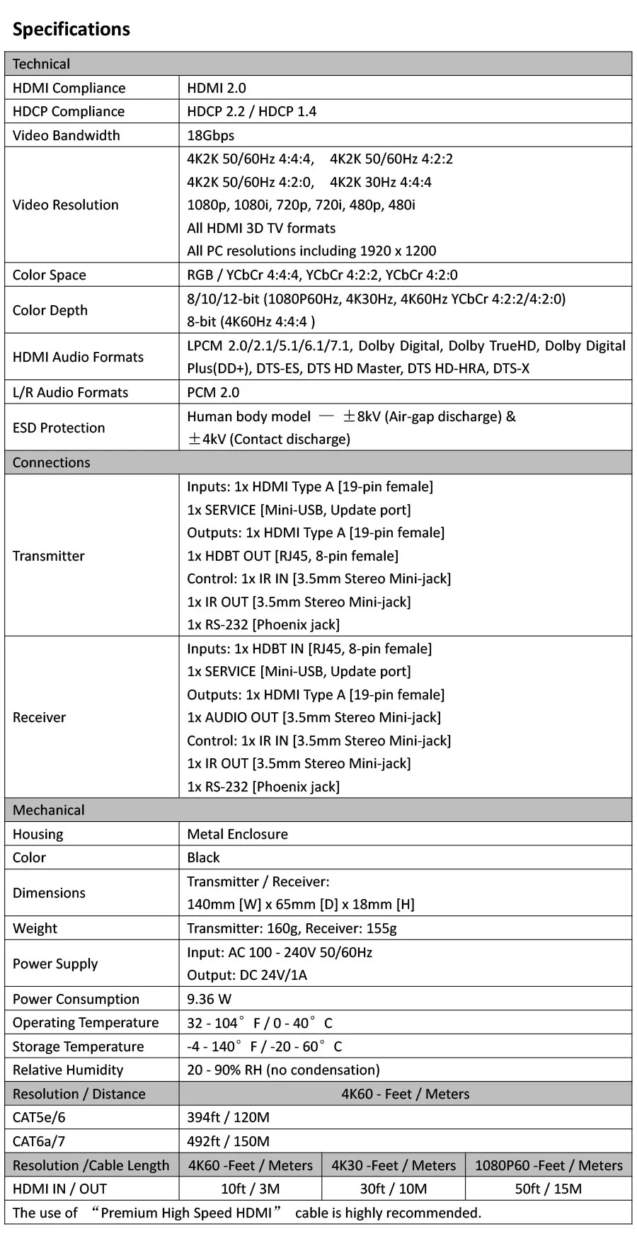 LINK-MI LM-EX150HT 18 Гбит/с HDMI over удлинитель HDBaseT с двунаправленным ИК(150 м