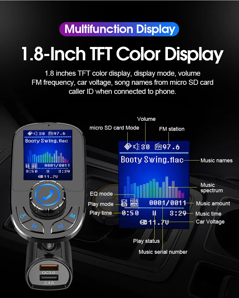JINSERTA Bluetooth 5,0 приемник громкой связи fm-передатчик Автомобильный mp3 плеер двойной USB QC3.0 зарядное устройство светодиодный дисплей AUX без потерь музыка