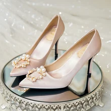 Свадебные туфли; Новинка; Свадебная обувь; цвет шампанского; модельные туфли на высоком каблуке-шпильке с украшением в виде кристаллов; обувь принцессы для подружки невесты; обувь на каблуке для свадебной вечеринки