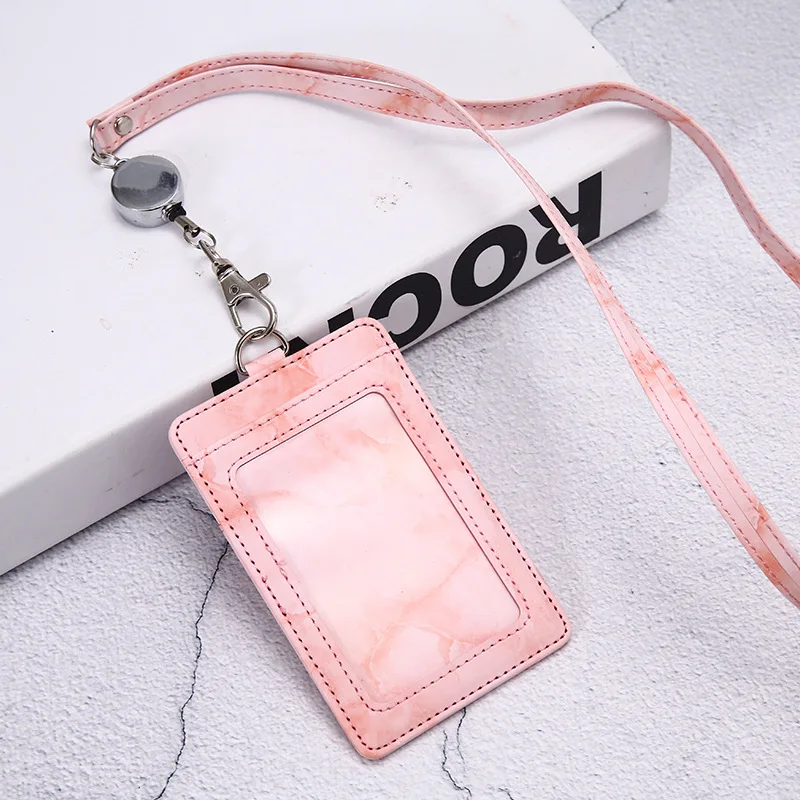 Fashion Leather Badge Holder Business Card Case for Women Marble Style  Designer Luxury ID Card Holders with Retractable Lanyard