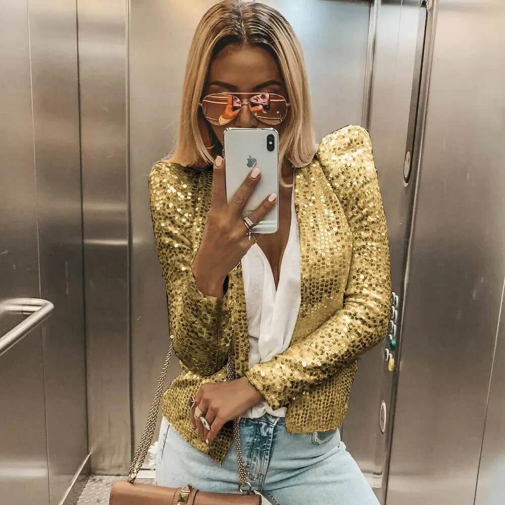 Женский офисный блестящий пиджак Модный облегающий с блестками деловой костюм