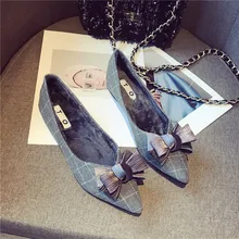 Милые Эспадрильи с бантиком; женская обувь с острым носком на плоской подошве; дизайнерская плюшевая обувь в клетку; зимняя удобная обувь без застежки на толстой подошве