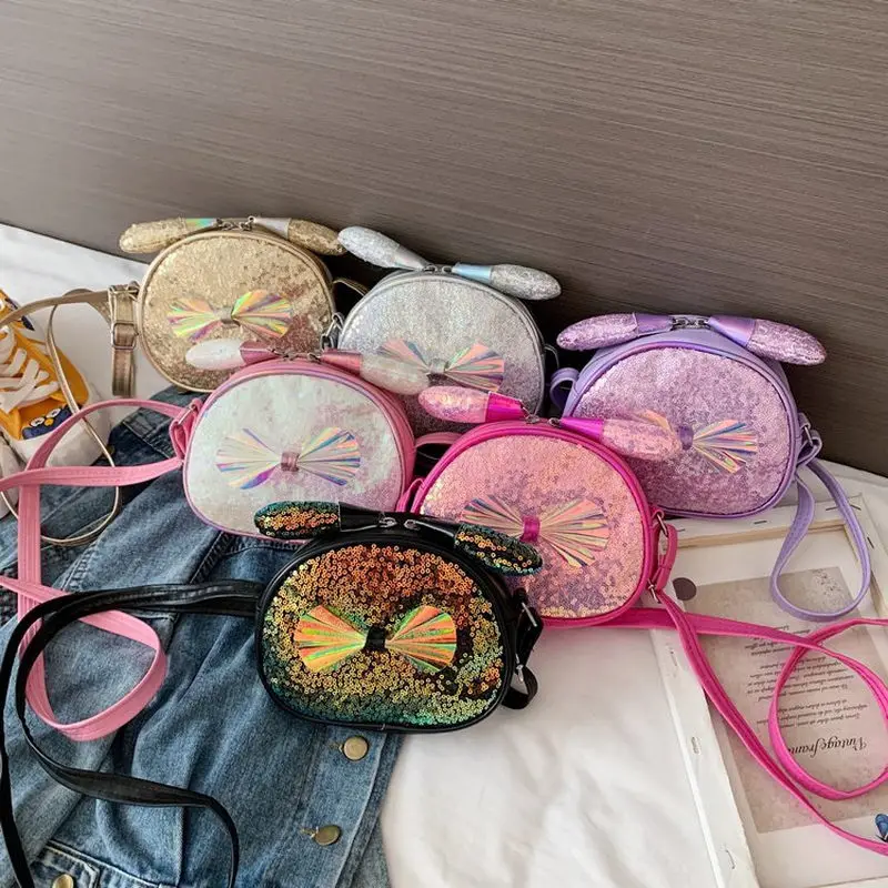 

Cute Cartoon Sequins Children Shoulder Bag Kawaii Bowknot Hologram Leather Girls Small Crossbody Travel Bags Coin Purses Gift