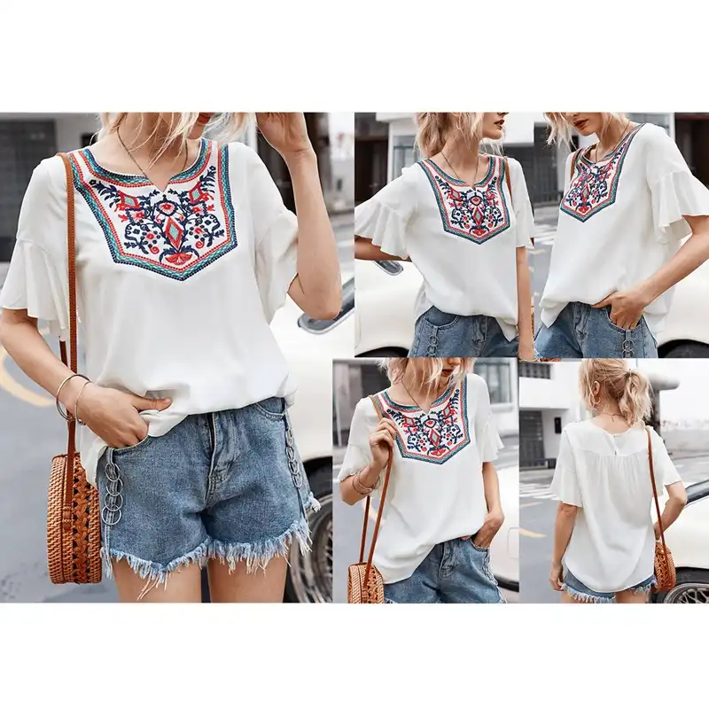 ファッションボヘミアンoネック夏刺繍カジュアルルーズtシャツラウンドネック半袖フリルtシャツ Aliexpress