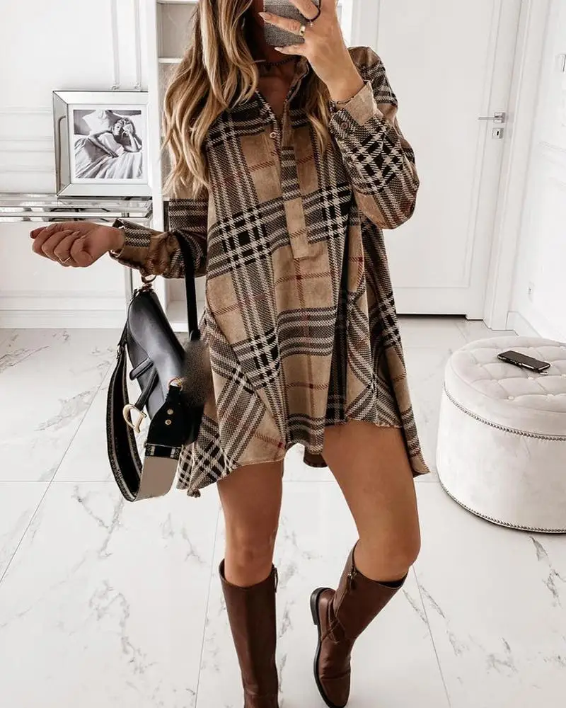Elegant Turn-down Collar Button Shirt Dress Women 2021 Spring Plaid Print Irregular Party Dress Autumn Long Sleeve Mini Dresses