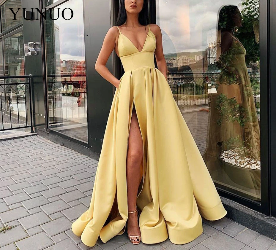 Light Yellow Prom Dresses Long 2021 With Pocket High Split Evening Party Dress  Formal A-line Vestidos De Gala Cortos | islamiyyat.com